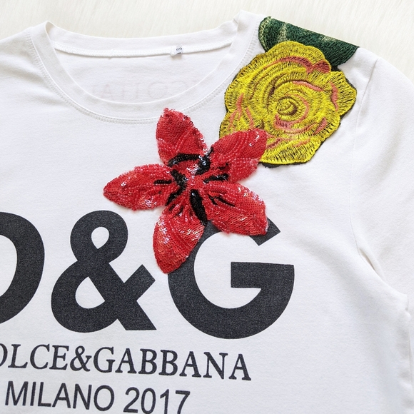 Dolce & Gabbana White Floral Embroidered "io C'ero" Print Tee | Size S - Picture 2 of 15